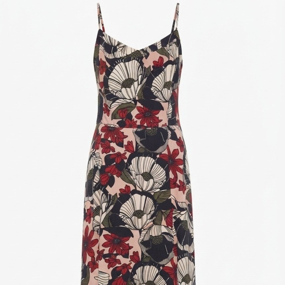 Loft Outlet Floral Midi Boho Chic Resortwear Dress Red Navy Pink Smocked 10P